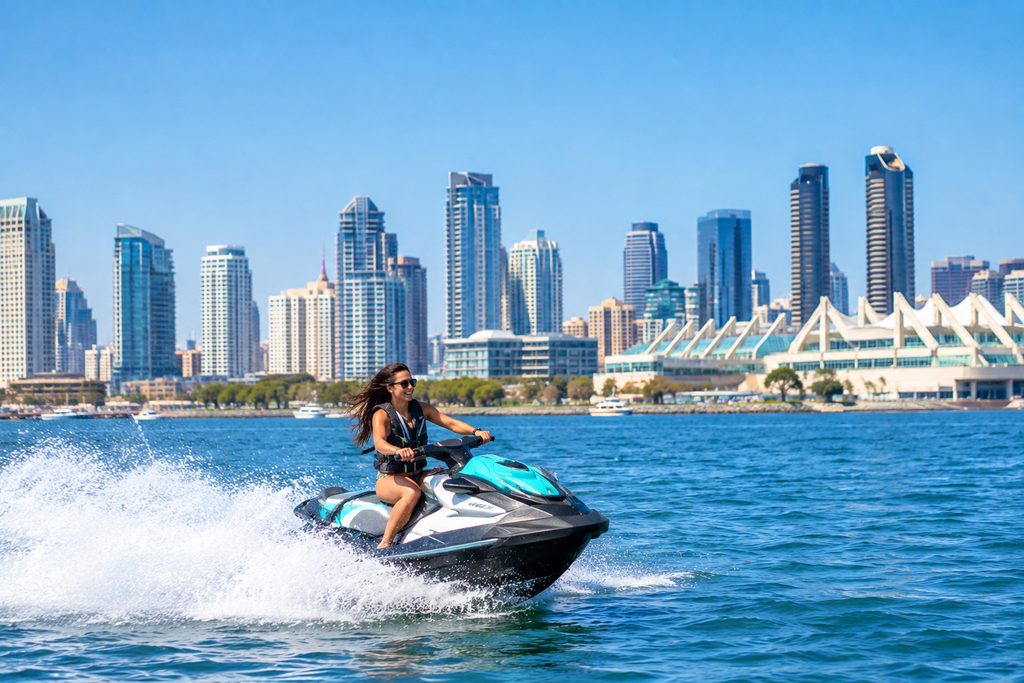 twitchcon-san-diego-jet-ski-bay Jet ski rider on San Diego Bay during TwitchCon San Diego weekend
